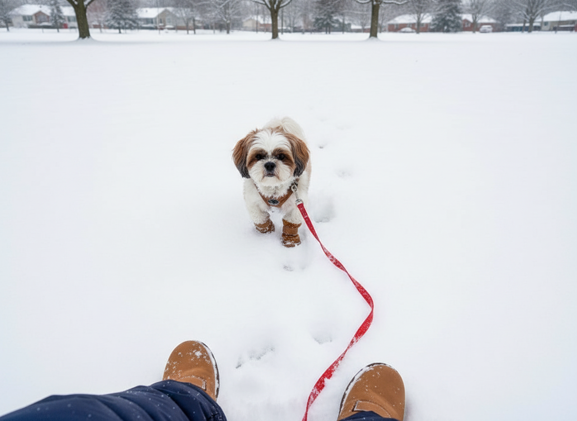 A Shih Tzu in coffee plush boots trotting through fresh snow in a park, its red leash trailing loose on the snow
