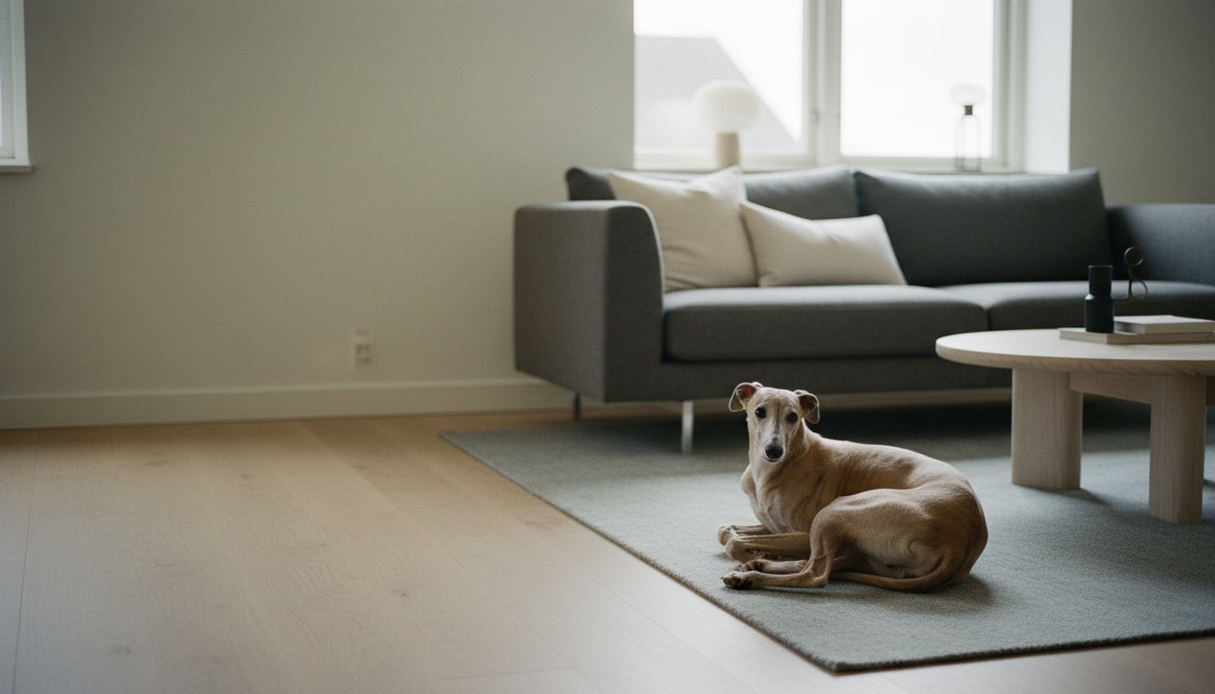 A whippet resting on a rug in a calm, light-filled living room