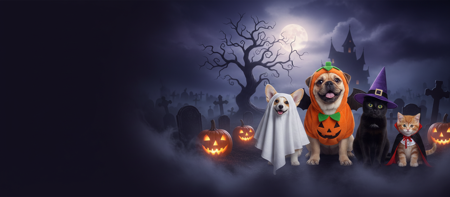 A dog dressed as a ghost, a pug in a pumpkin costume, a black cat in a witch hat and a kitten in a vampire cape in a misty moonlit graveyard with glowing jack-o'-lanterns