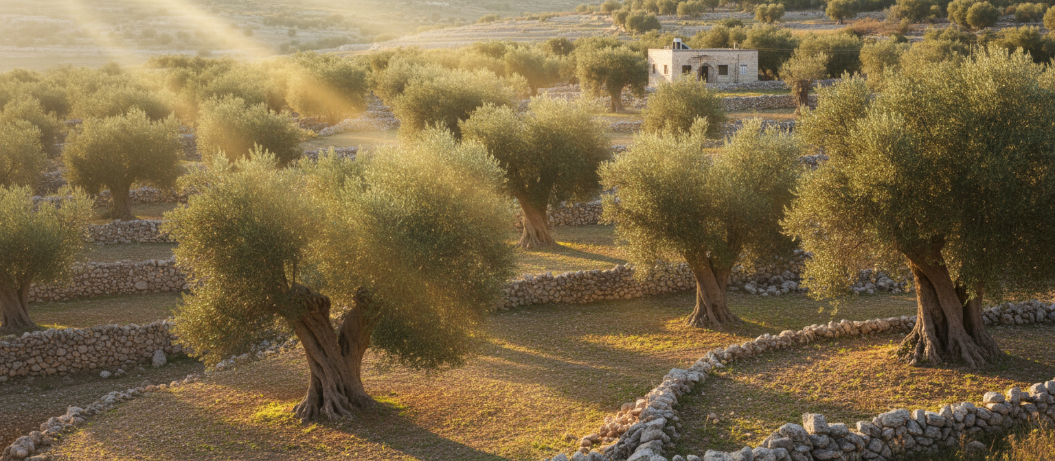 Old olive trees on stone terraces in warm golden-hour light