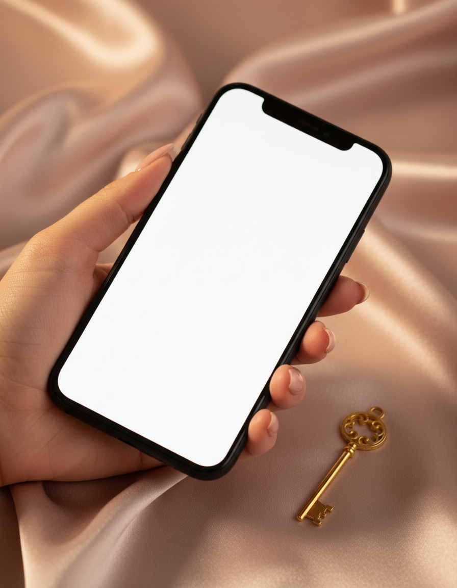 Hand mit Smartphone und goldenem Schlüssel als Symbol für den exklusiven Zugang