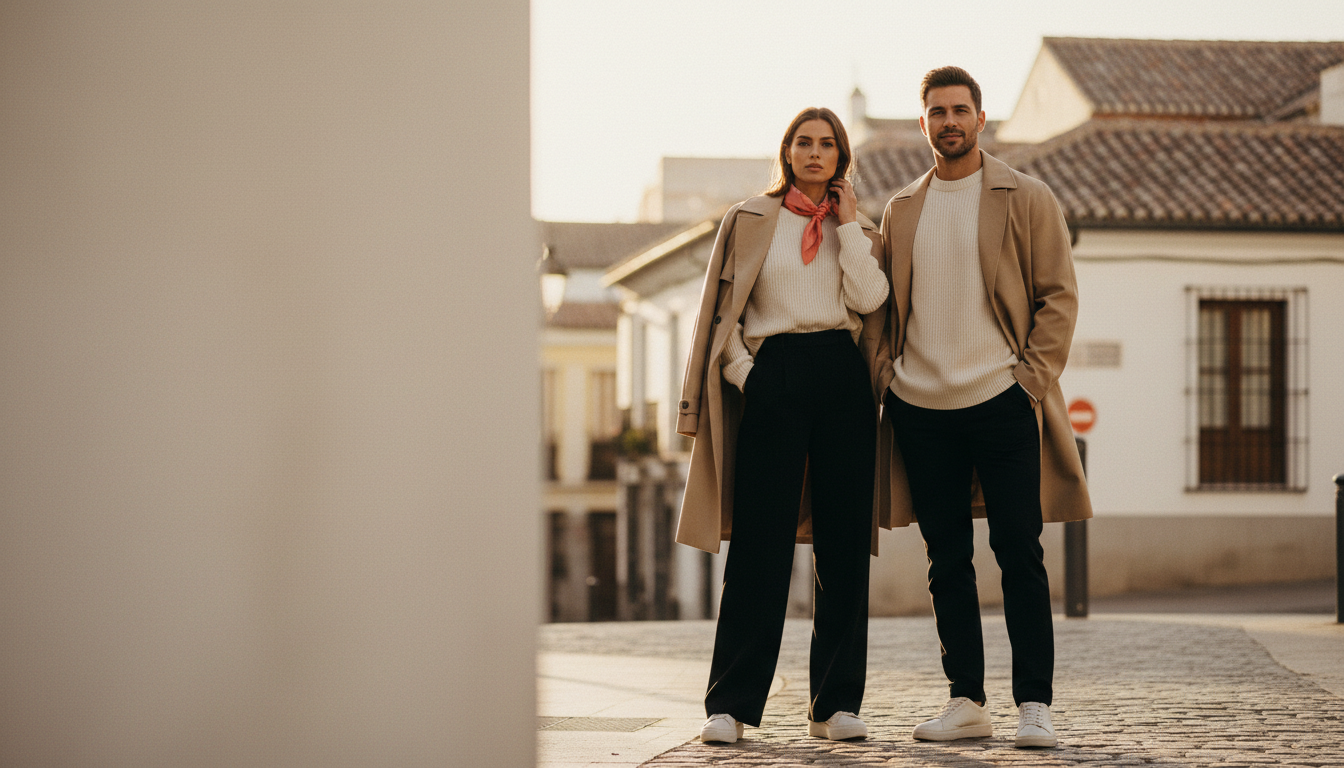 Pareja con looks urbanos minimalistas paseando por una calle soleada