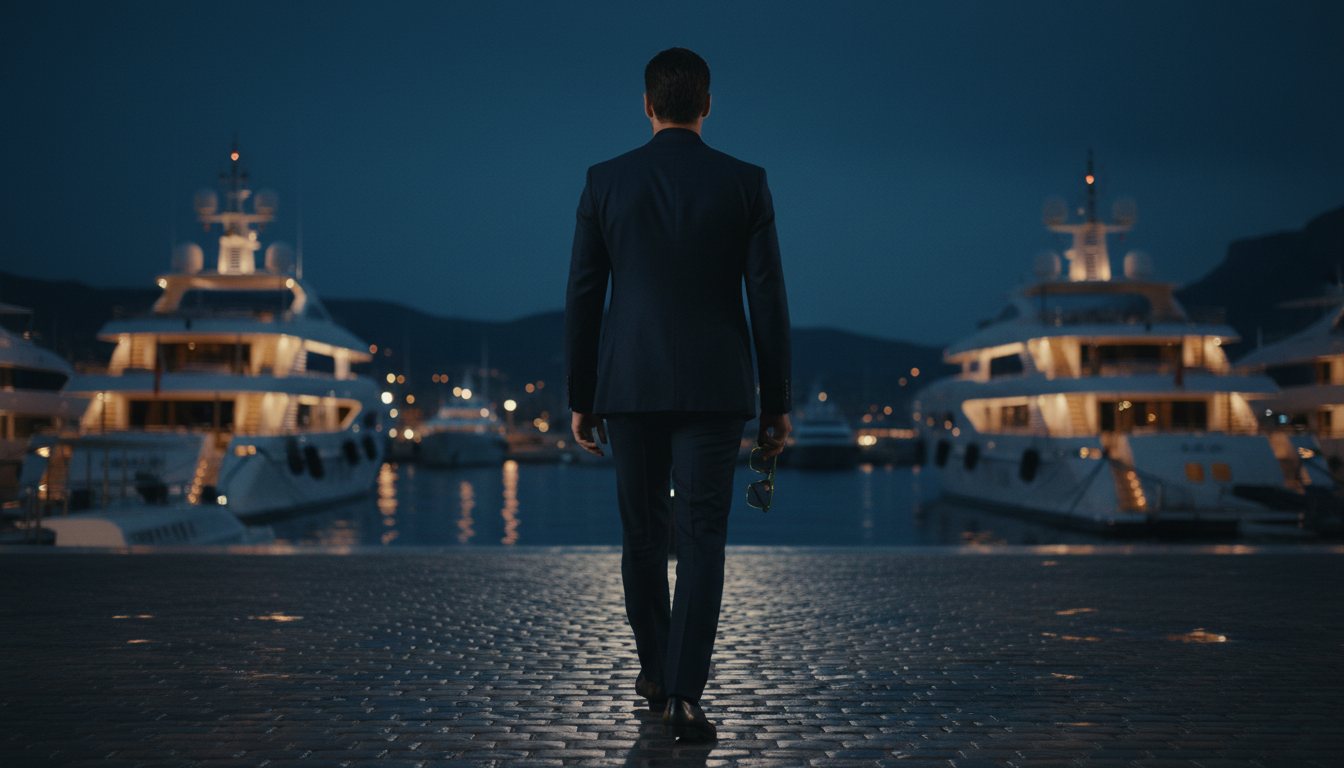 Man in a dark tailored suit walking along a Monaco harbour promenade at blue hour, sunglasses in hand