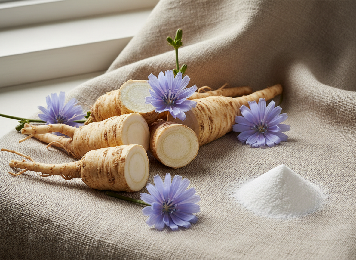 Radici di cicoria tagliate, fiori azzurri di cicoria e polvere di inulina su un telo di lino