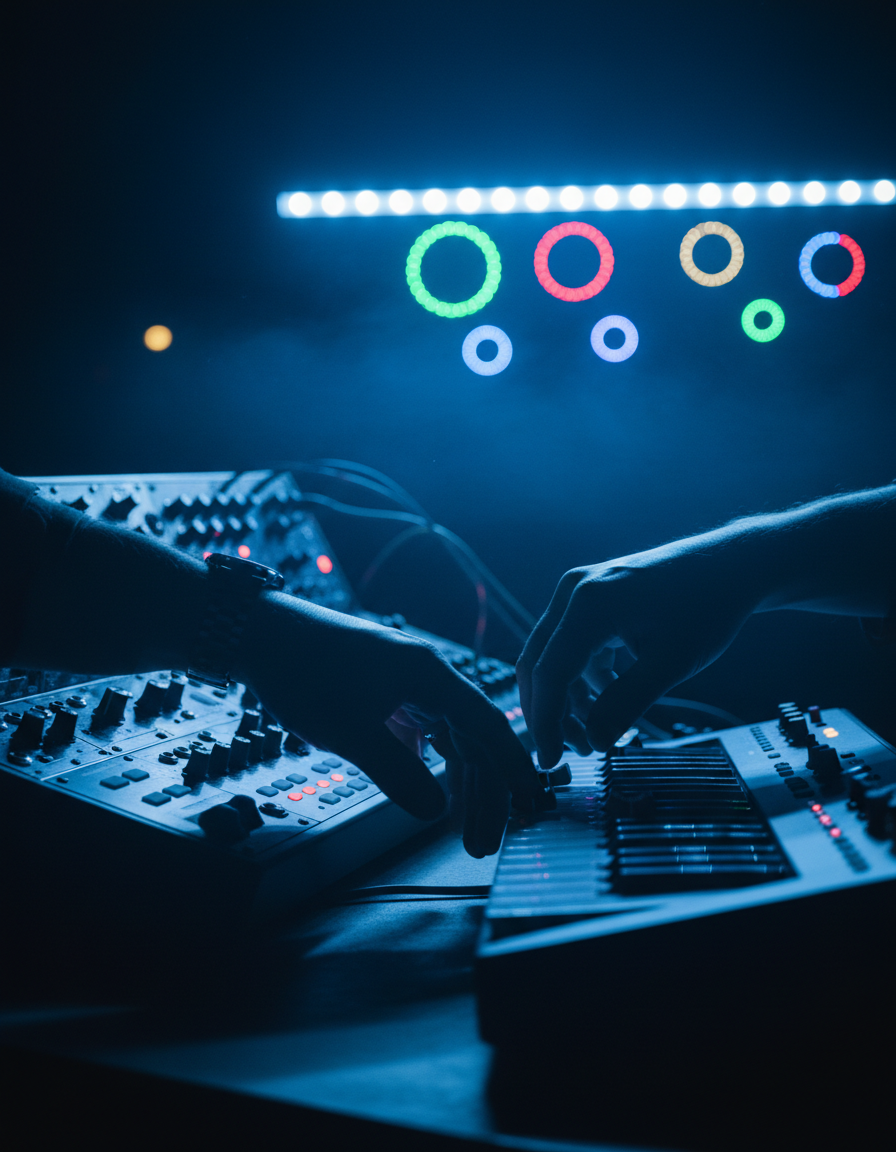 Hands tweaking synth knobs and keys under blue club lights