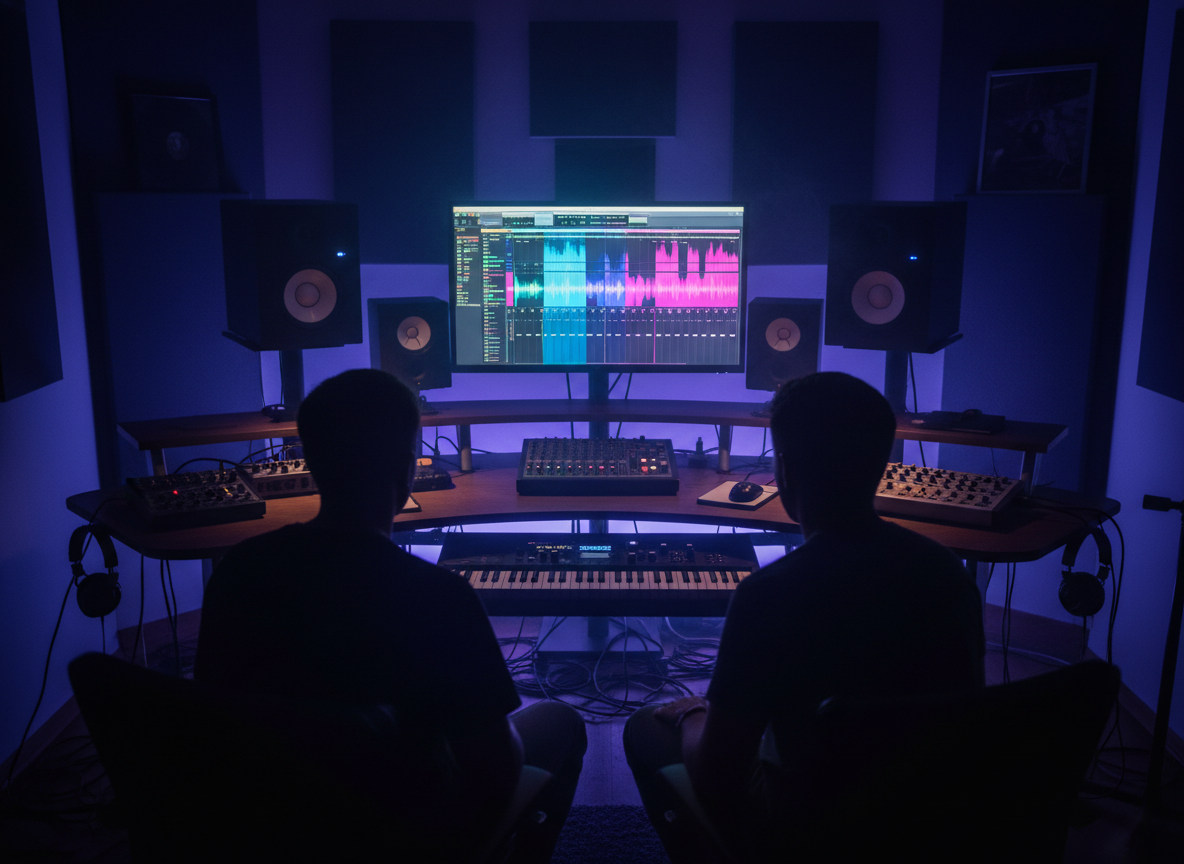 Two producers working at a studio desk lit in purple and blue, with waveforms on screen