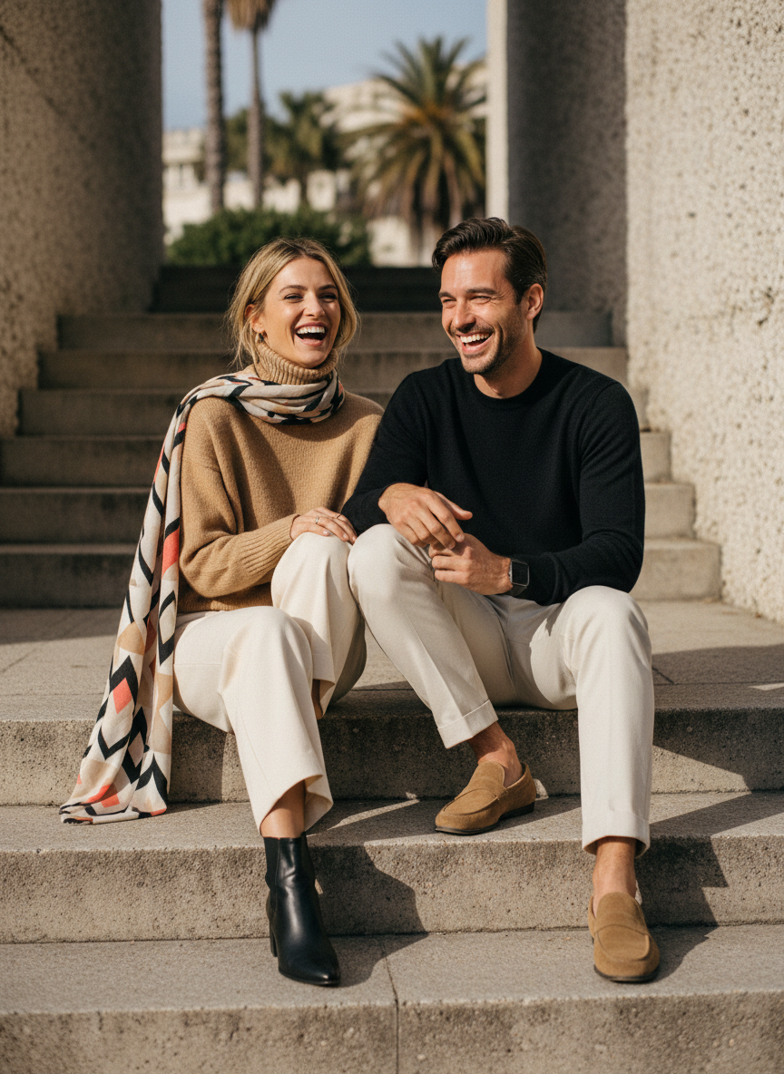 Pareja riendo sentada en unas escaleras con looks en tonos neutros