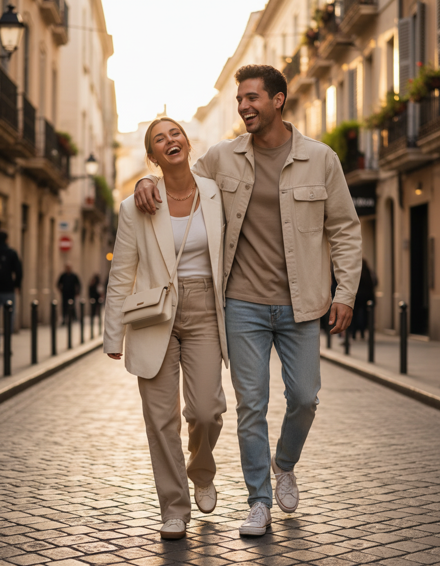 Pareja paseando por la ciudad con ropa VANTOR