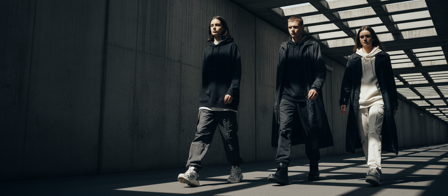 Tři mladí lidé ve streetwearu kráčí betonovým podchodem