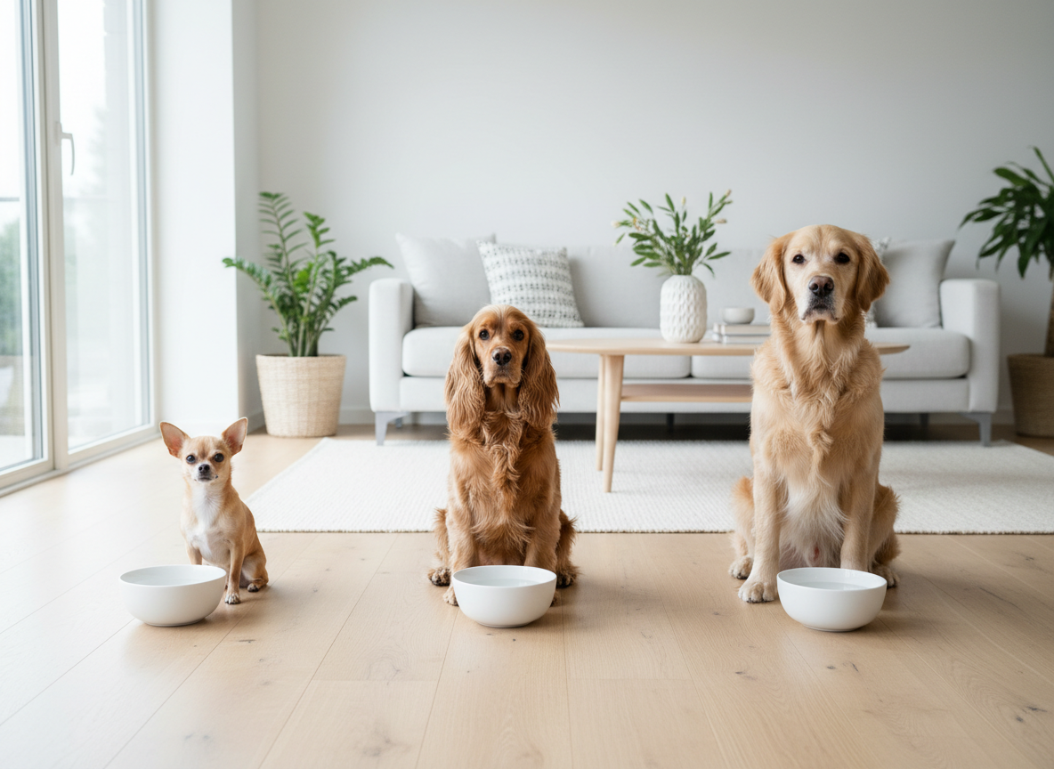 Tre cani di taglia diversa — chihuahua, cocker e golden retriever — ognuno accanto alla propria ciotola d'acqua