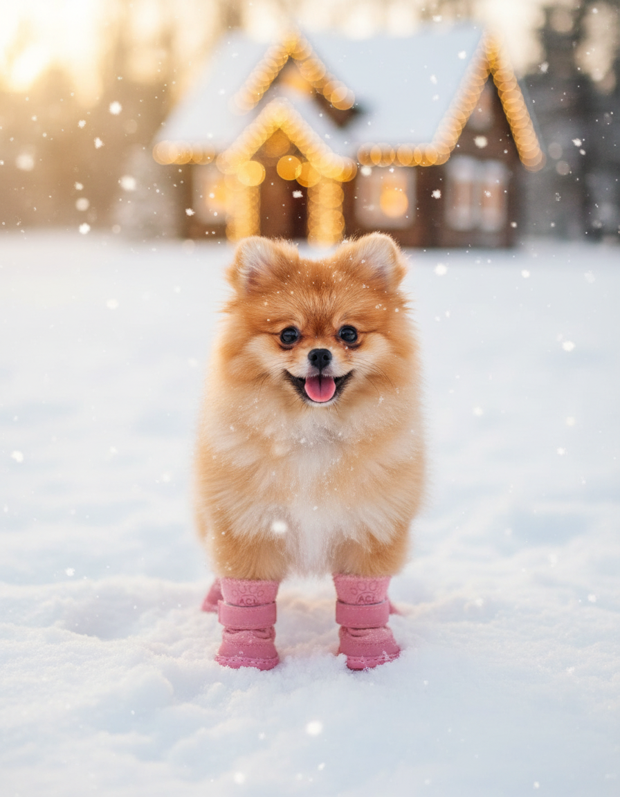 Fluffy Pomeranian puppy standing in fresh snow wearing pink Cozy Paws boots
