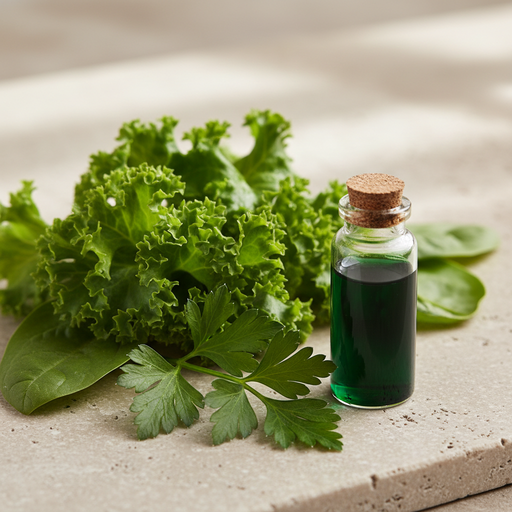 Foglie verdi fresche accanto a una fiala di clorofilla liquida