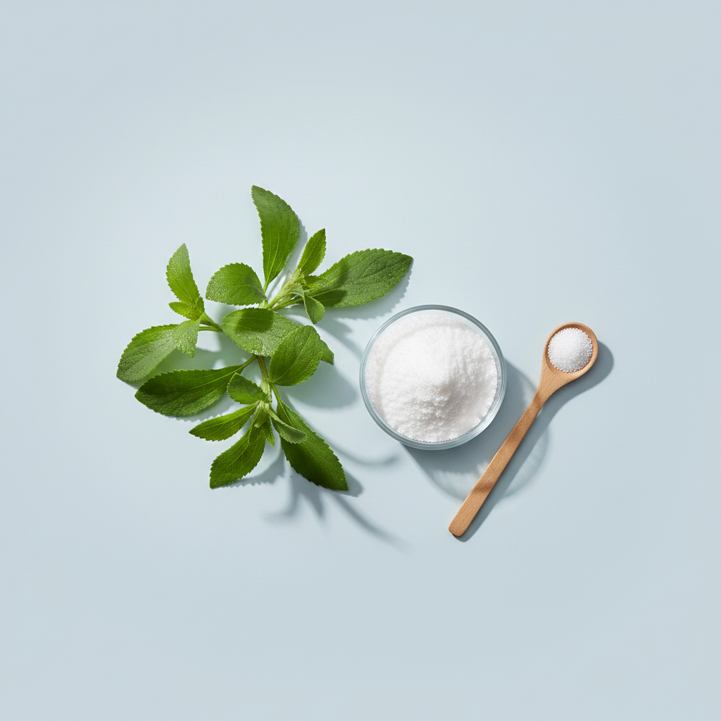 Foglie di stevia accanto a una coppetta di polvere bianca