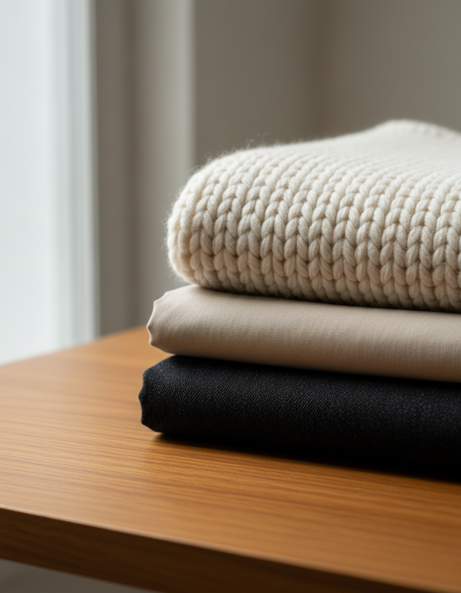 Detalle de tejidos de punto, algodón y denim doblados sobre una mesa de madera