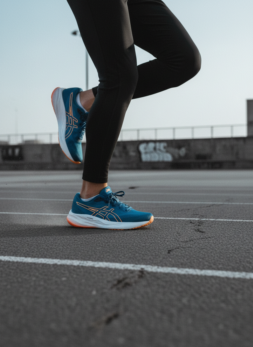 Běžec ve sportovních botách na atletické dráze