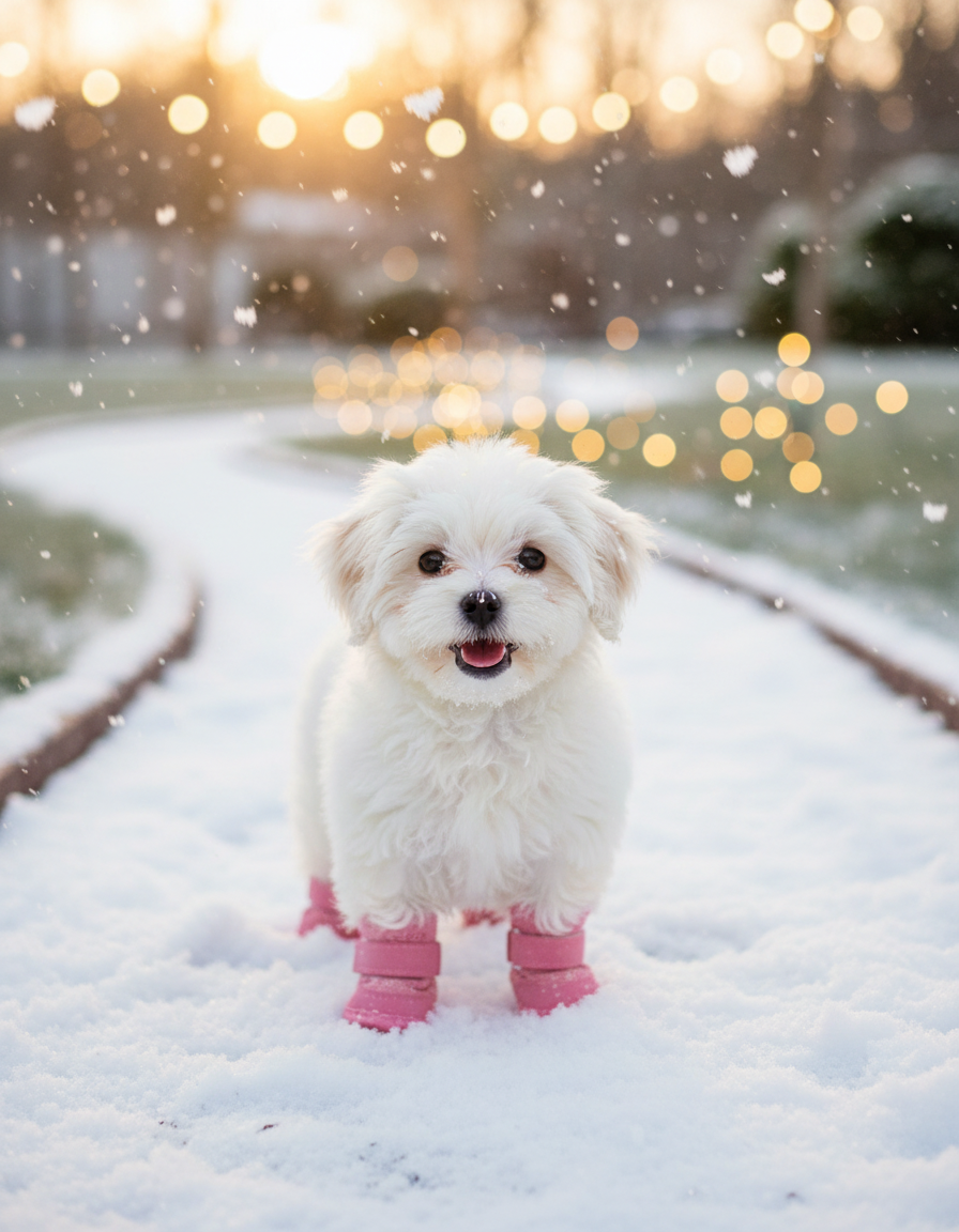 White Maltese puppy in the snow wearing all four pink Cozy Paws boots