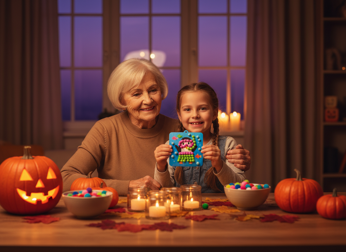 Babička s vnučkou tvoří o Halloweenu u stolu s dýněmi – vnučka hrdě ukazuje hotové zvířátko z bambulek