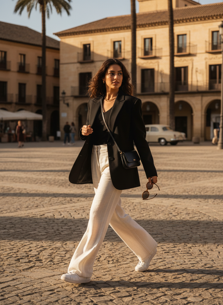 Mujer caminando por una plaza con blazer negro y pantalón crema
