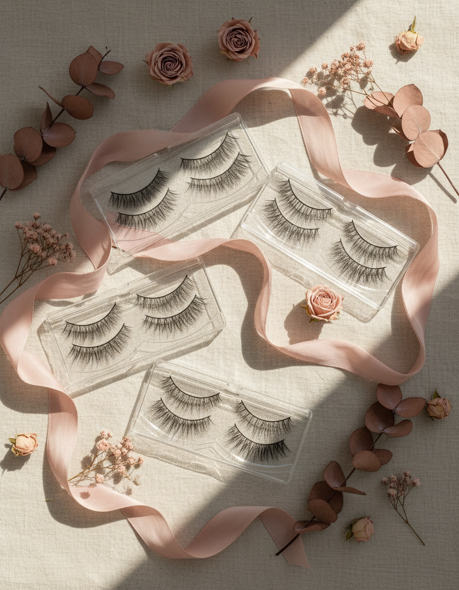 Neue Wimpern-Styles auf hellem Leinen arrangiert