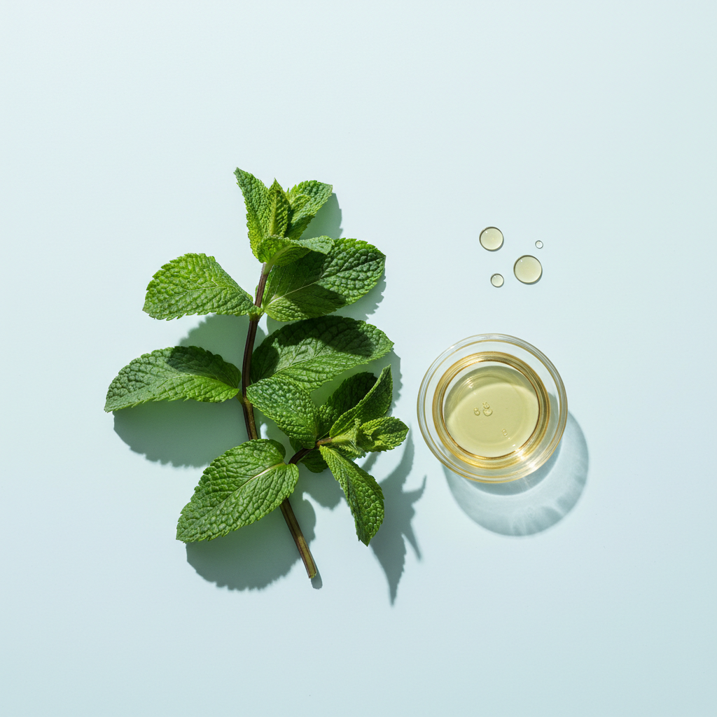 Foglie fresche di menta piperita accanto a una coppetta di olio essenziale