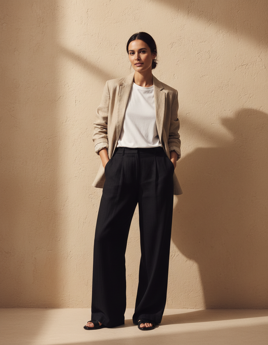 Mujer con blazer de lino beige y pantalón ancho negro