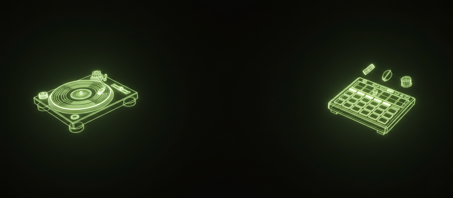 Glowing lime-green wireframe turntable and drum machine floating in the dark