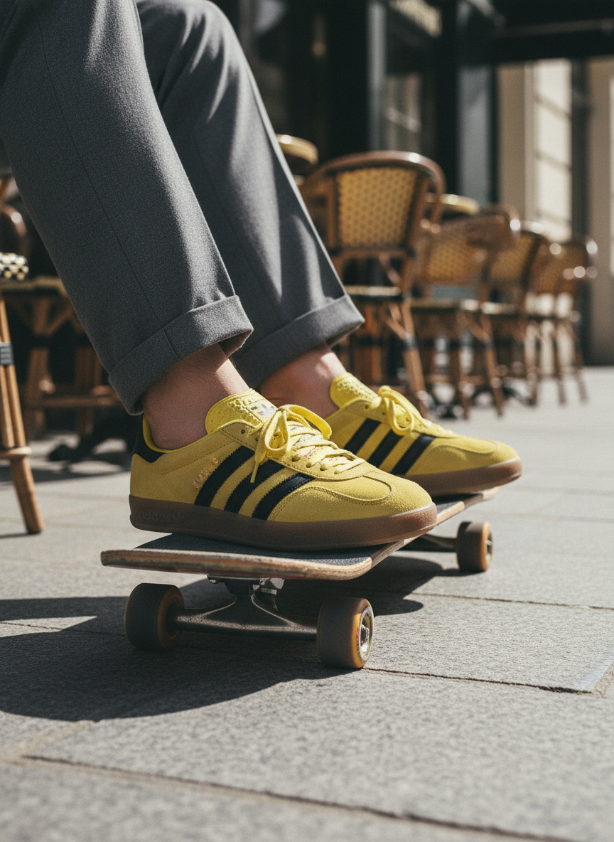 Retro tenisky na skateboardu na městském chodníku