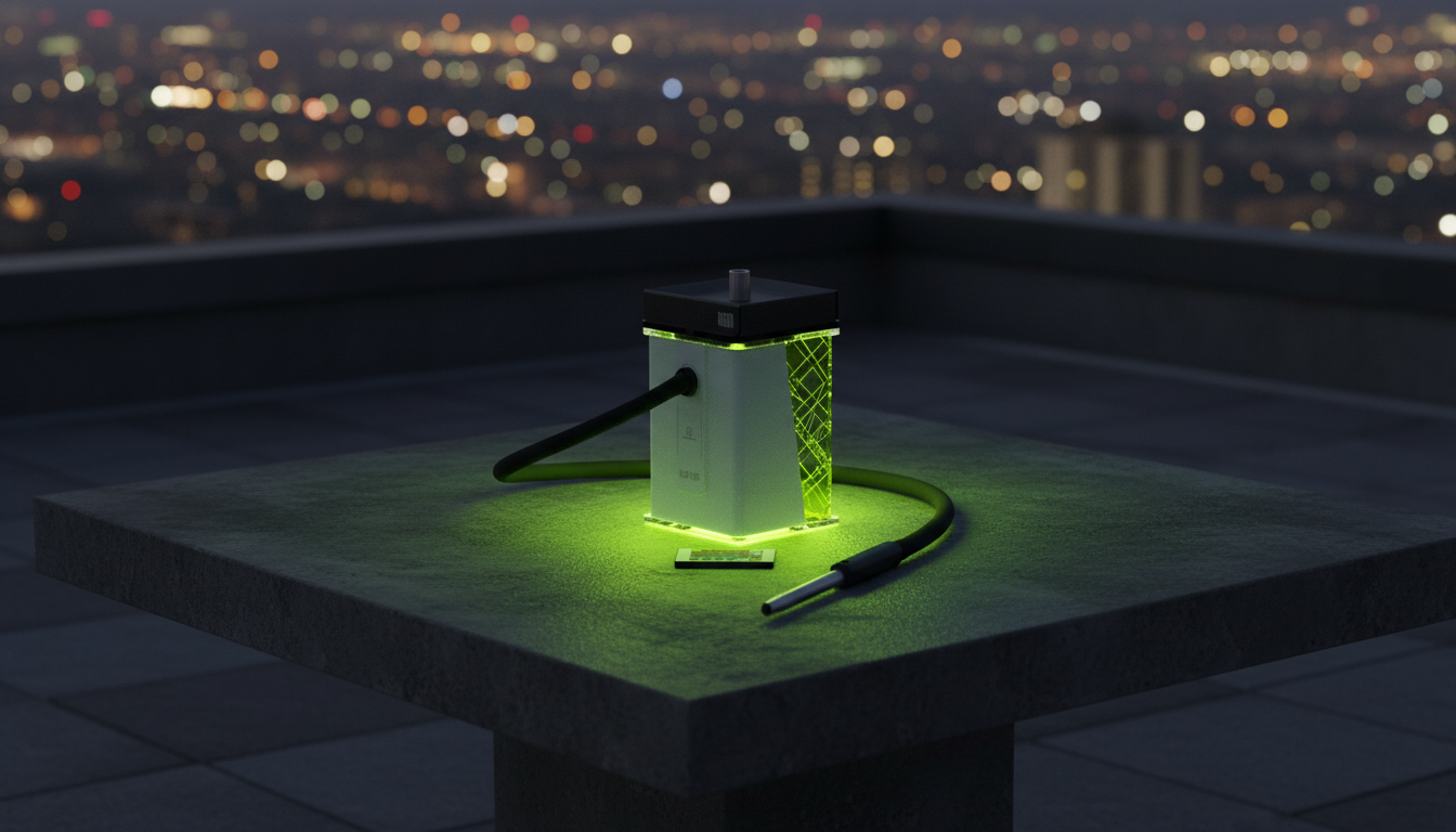 Lion Hookah with illuminated base on a dark rooftop terrace at night
