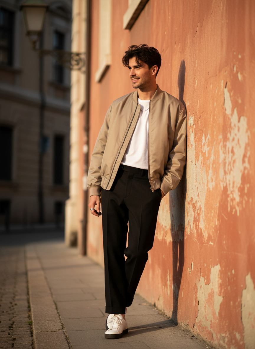 Hombre con bomber beige y camiseta blanca apoyado en una pared terracota