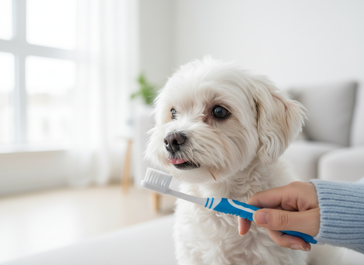 Mano che avvicina uno spazzolino alla bocca di un cane poco convinto