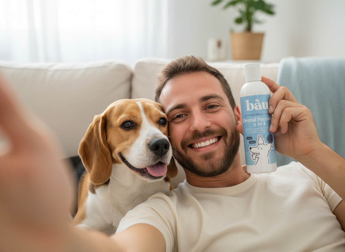 Selfie di un proprietario guancia a guancia con il suo beagle, con il flacone di Dental Formula 5 in 1 in mano