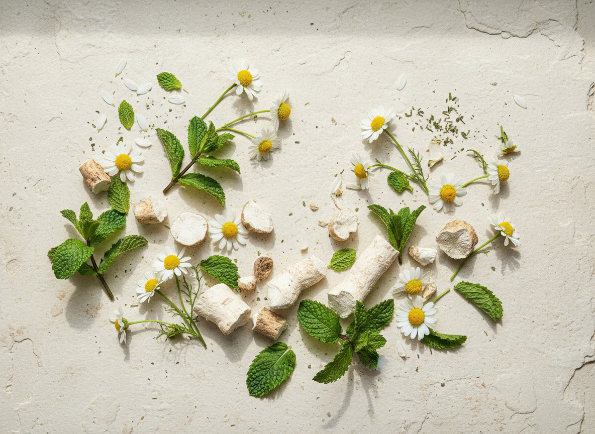 Fiori di camomilla, radice di altea e foglie di menta piperita su una superficie di pietra chiara