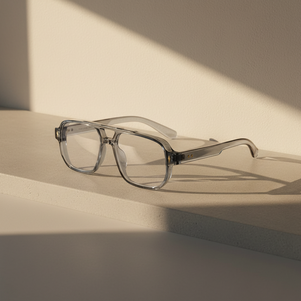 Clear grey Saint blue light glasses on a concrete ledge in soft warm light