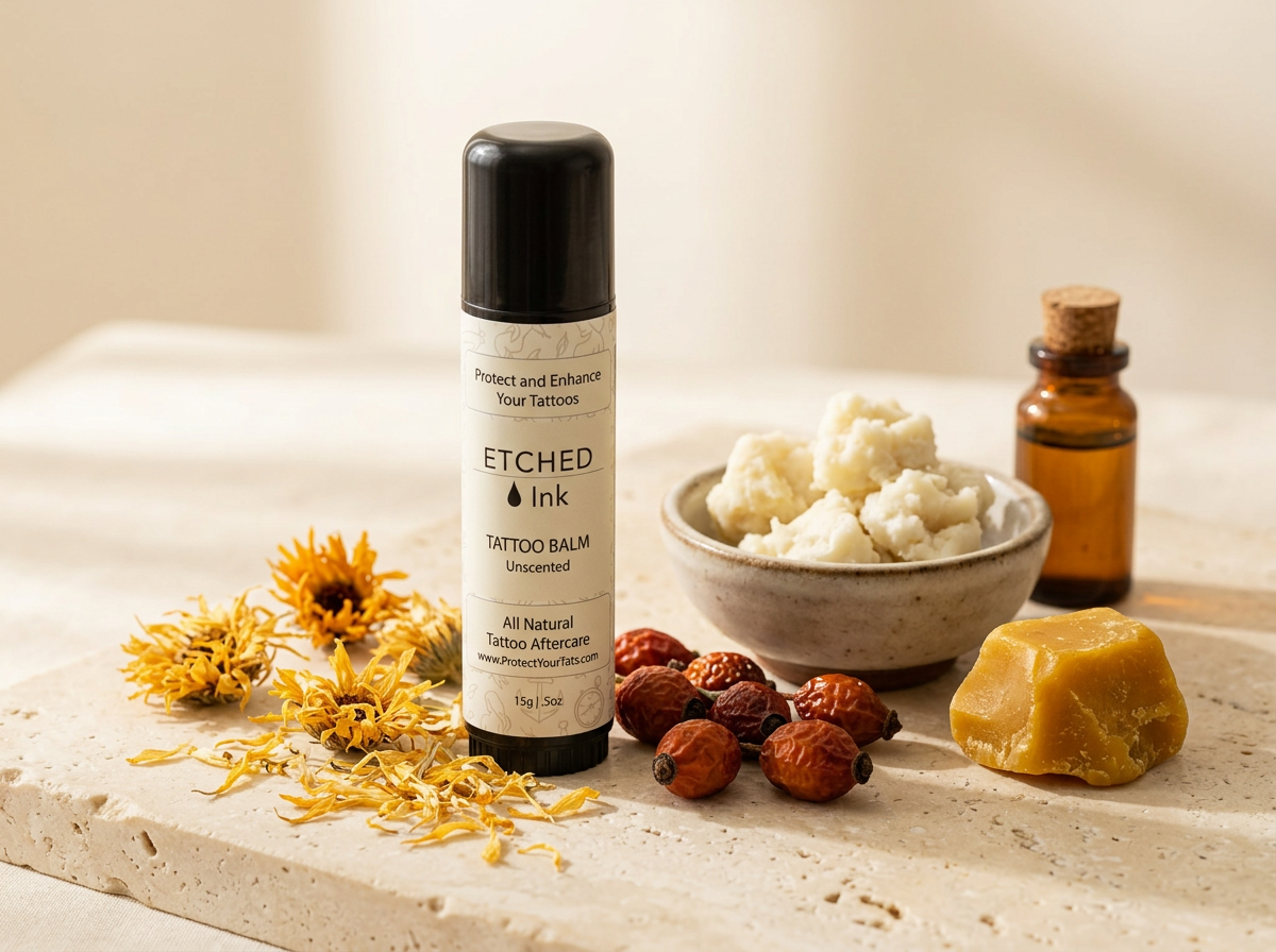 Etched Ink Tattoo Balm stick beside shea butter, rosehips, calendula flowers, beeswax and vitamin E oil