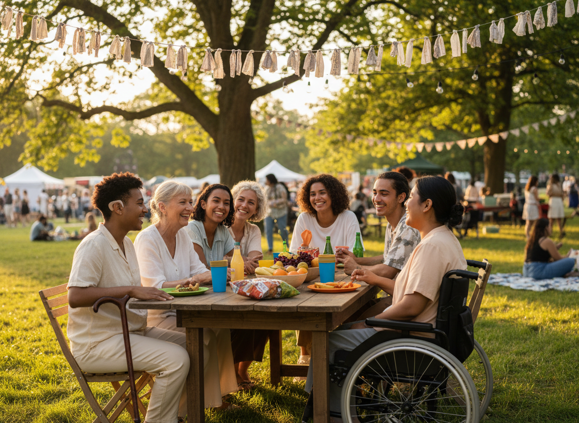Menschen unterschiedlichen Alters sitzen bei einem Sommerfest im Park gemeinsam an einem Holztisch und lachen