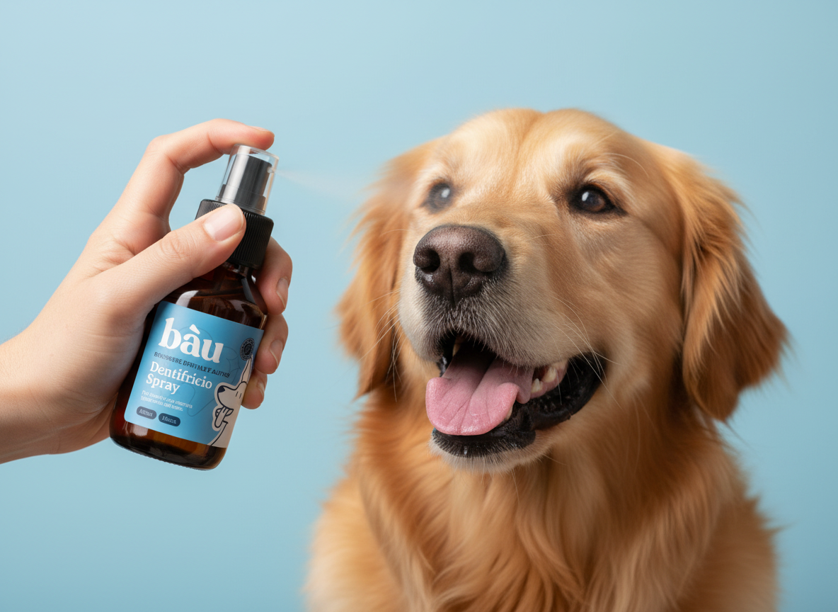Mano che spruzza il Dentifricio Spray Bàu nella bocca di un cane