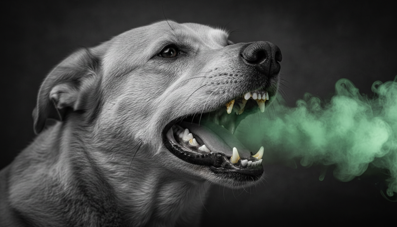 Ritratto in bianco e nero di un cane con la bocca aperta: alla base dei denti si vede il tartaro giallastro, evidenziato da cerchi e frecce rosse, e dalla bocca esce una nuvola verde che rappresenta l'alito cattivo