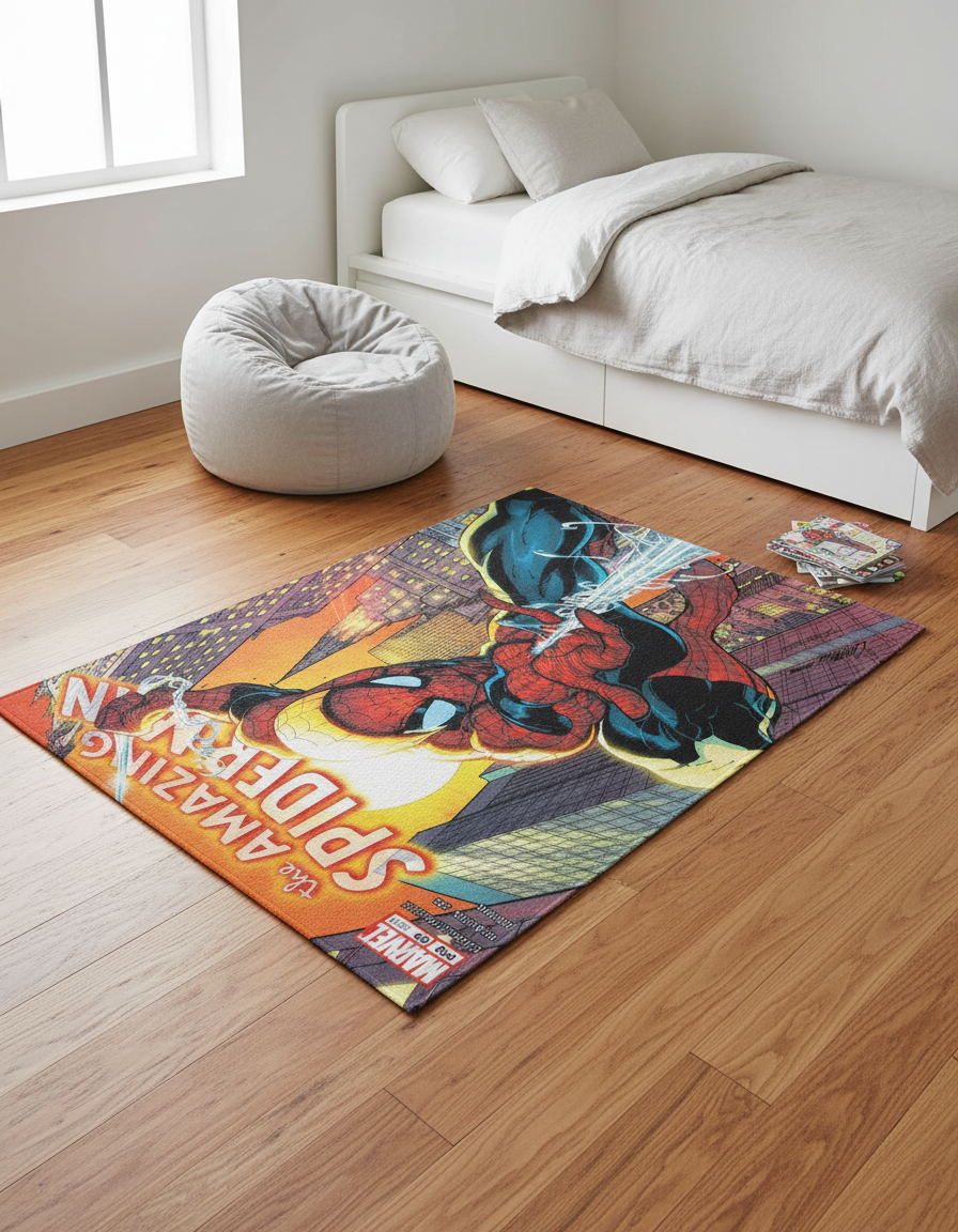 Comic-cover chenille rug laid on oak floorboards in a bright kids' bedroom