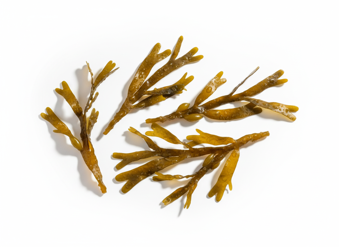 Fronde di alga atlantica Ascophyllum nodosum su fondo bianco