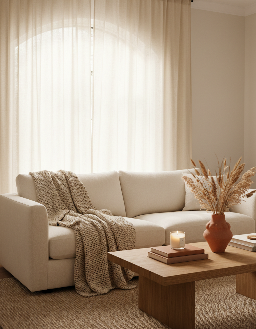 Calm, sunlit interior styled with linen, wool and warm natural tones