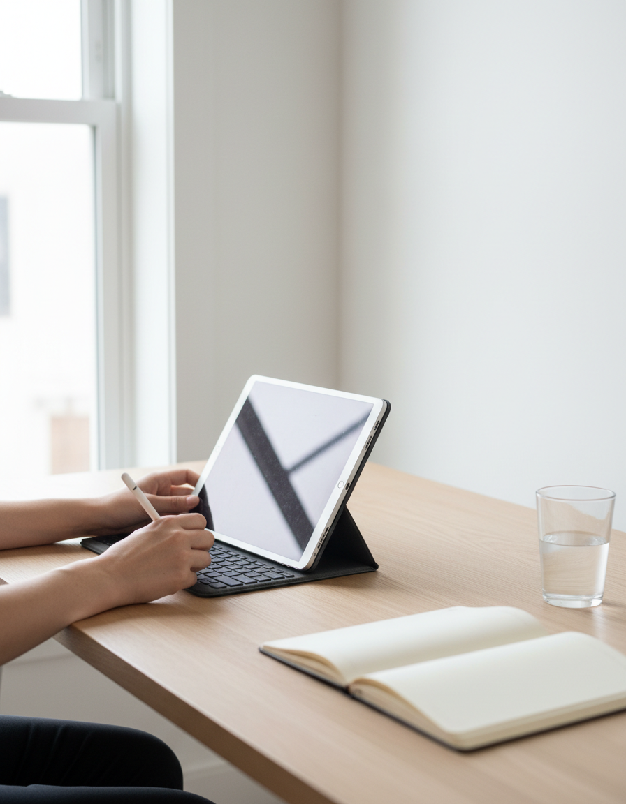 Hands writing with a white stylus on a tablet held in a dark keyboard folio case on a light wooden desk