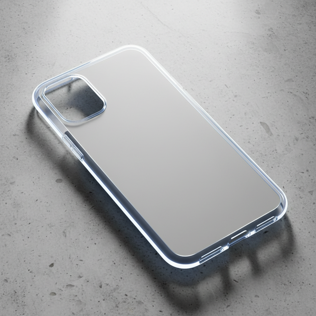 Close-up of a plain clear phone case shell with light catching its bevelled edge