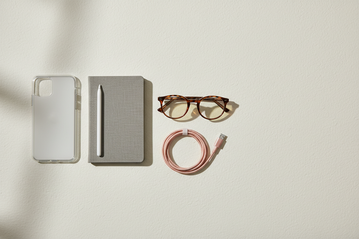 Flat lay of everyday accessories: a clear phone case, grey tablet folio, white stylus, reading glasses and a coiled charging cable on a pale plaster surface