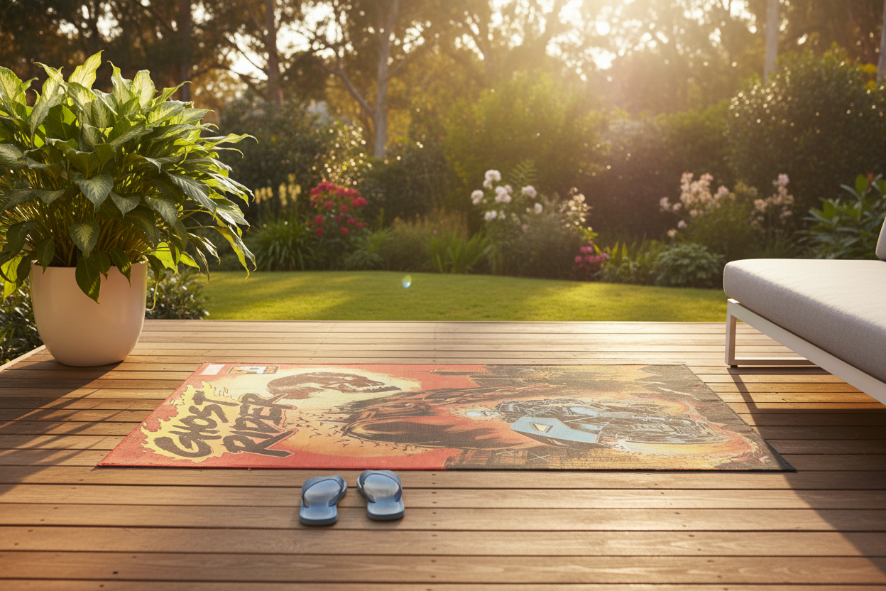 Comic-cover rug on a sunlit timber deck with a potted plant and outdoor lounge chair