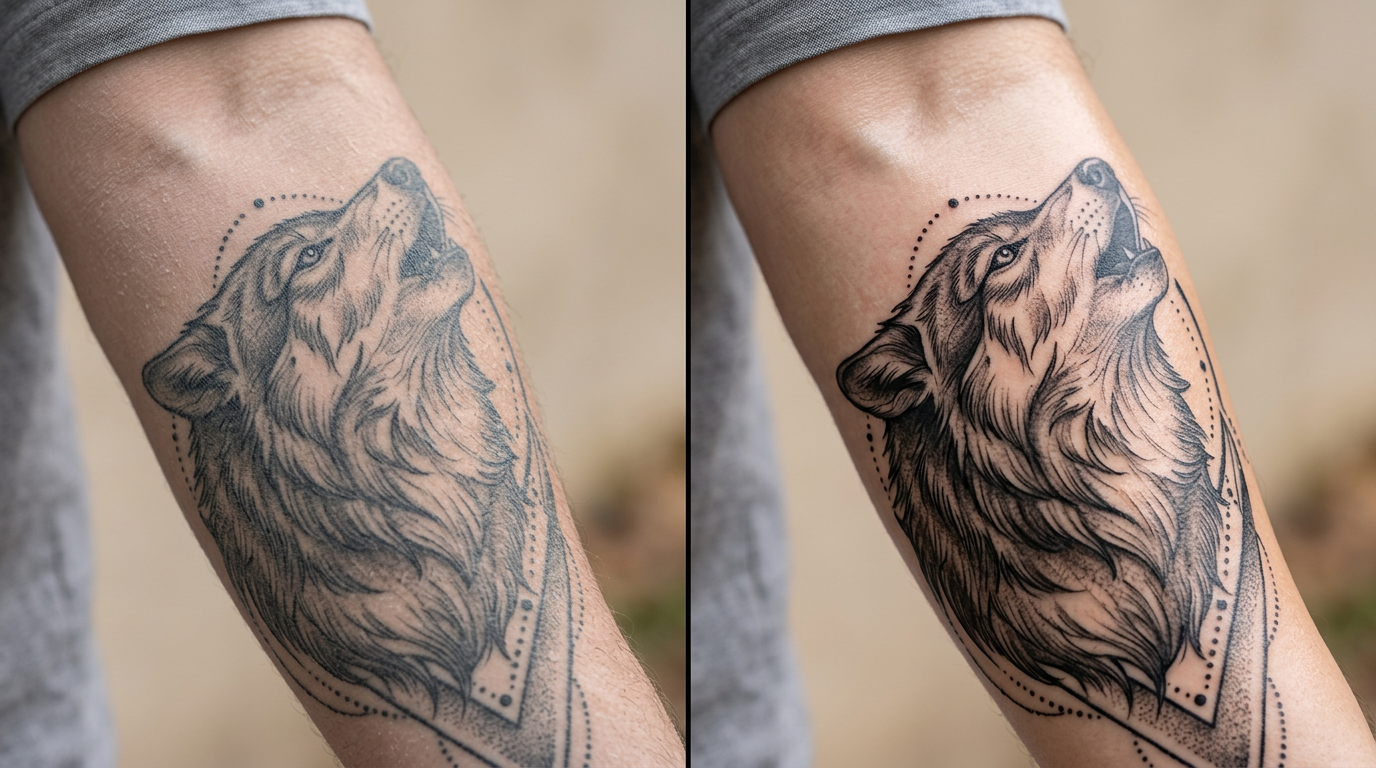 The same healed black-and-grey wolf tattoo shown twice: dull and grey on dry skin, deep black and crisp on moisturized skin