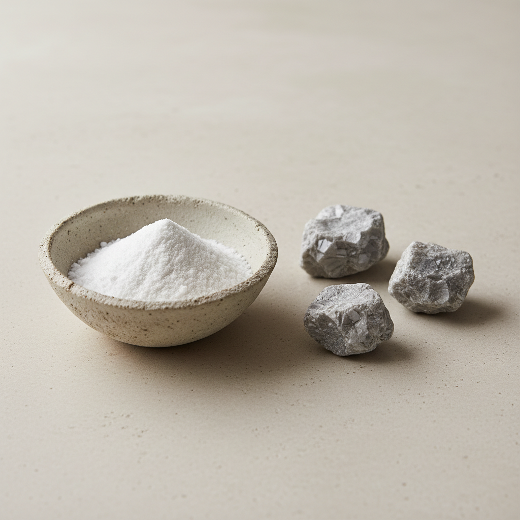 Polvere minerale bianca in una ciotolina accanto a pietre minerali
