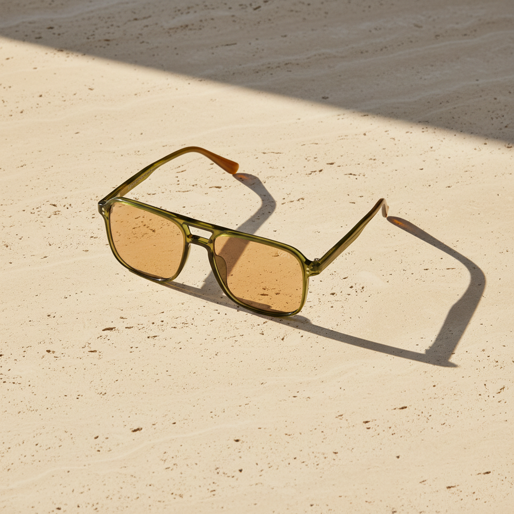 St Barts aviator sunglasses resting on pale limestone in warm sunlight