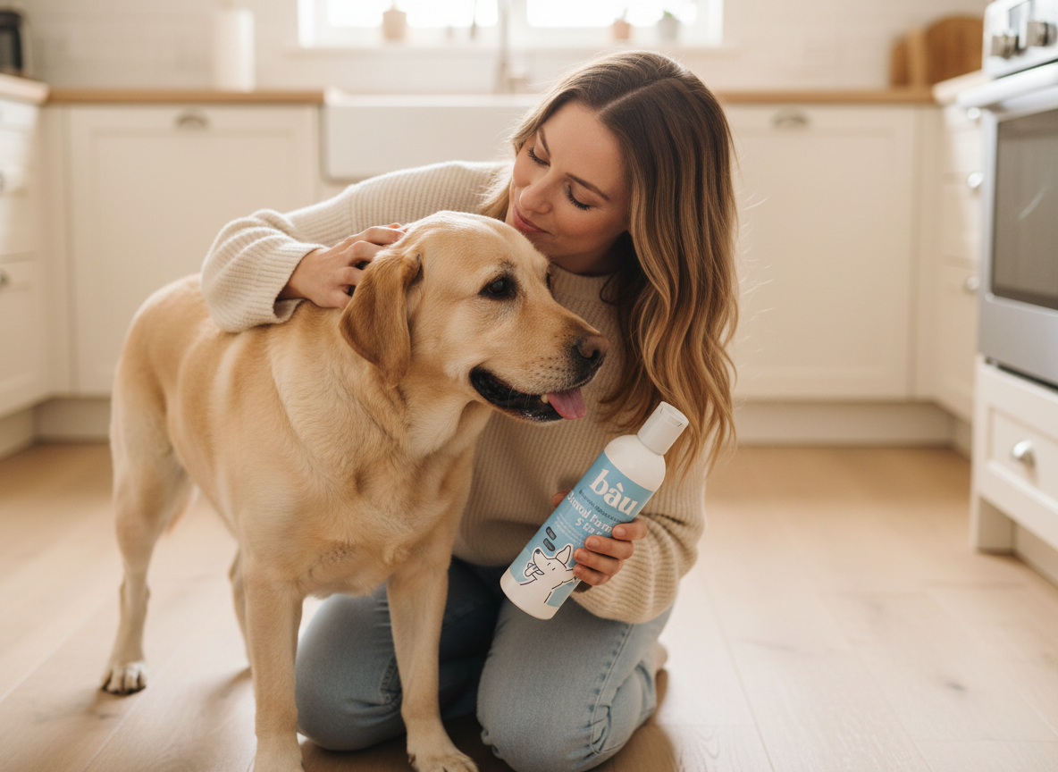 Una donna accarezza il suo labrador tenendo in mano il flacone di Dental Formula 5 in 1