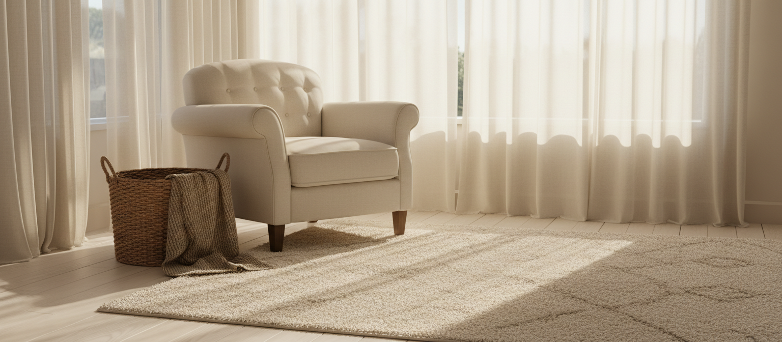 Bright airy room with a cream armchair, sheer curtains and sunlight on a wooden floor