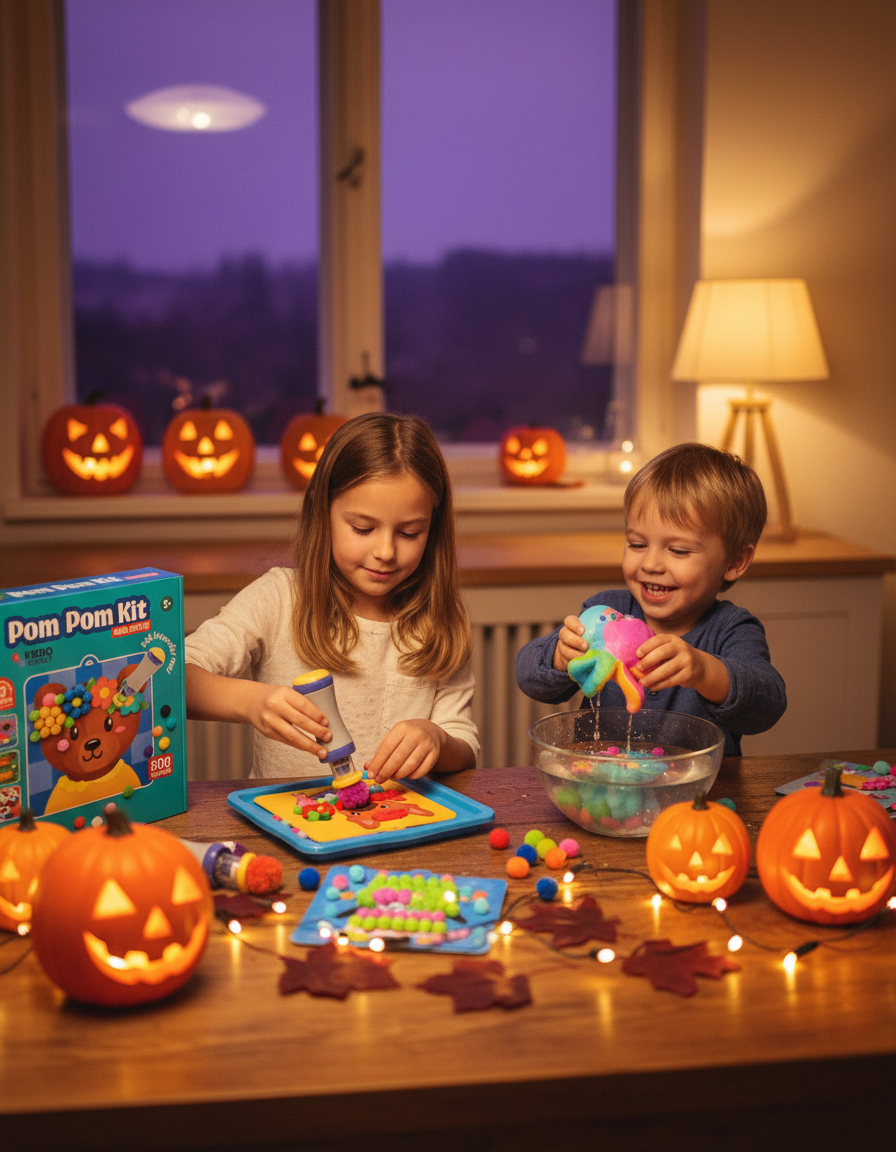 Sourozenci tvoří u stolu s halloweenskými dýněmi – sestra zdobí kartičku bambulkami, bratr vytahuje z vody squishíka
